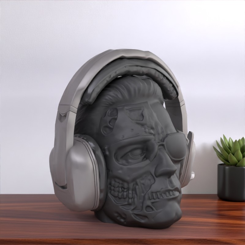 Terminator Headphone Stand – Cyberpunk Skull Desk Display | Gift for Gamers & Collectors