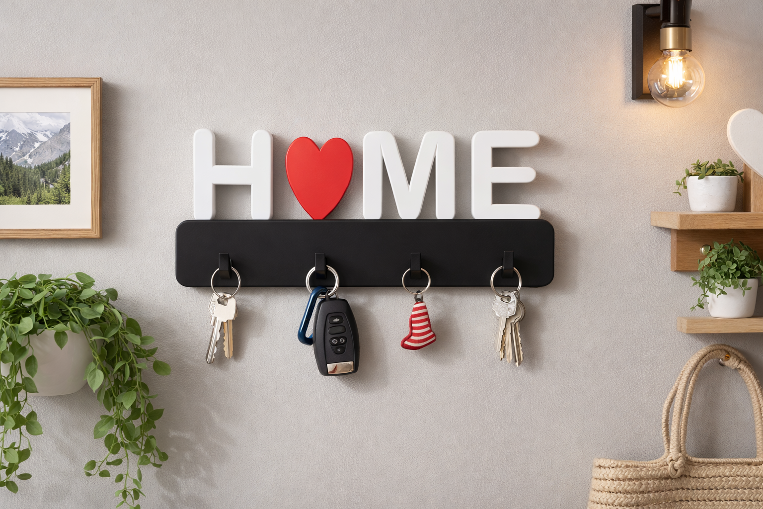 HOME Key Holder with Heart - Wall Mounted Key Rack, Entryway Organizer, Modern Home Decor, Housewarming Gift