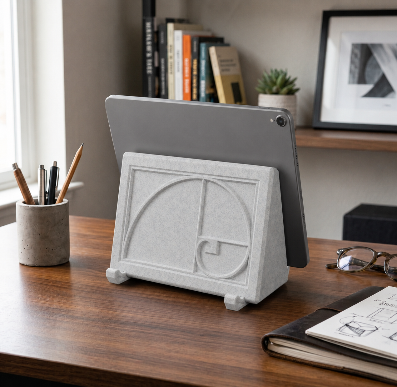 Tablet Stand w_Storage & Fibonacci Motif