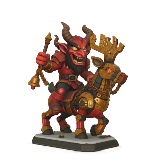 Krampus Figurine – Steampunk Holiday Demon Riding Mechanical Reindeer 3D Printed PLA (Fan Art)